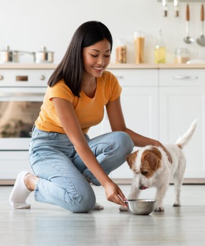woman feeding puppy